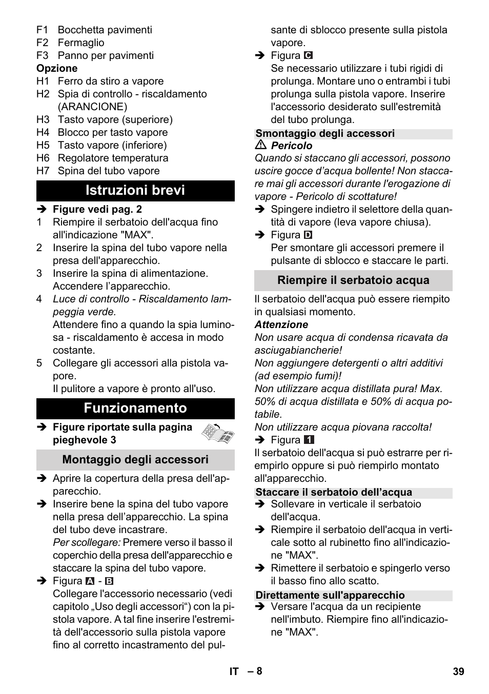 Istruzioni brevi funzionamento | Karcher Stirerie SI 2-600 CB User Manual | Page 39 / 298