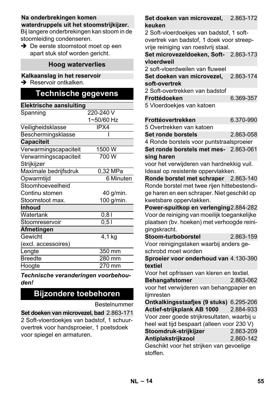 Technische gegevens, Bijzondere toebehoren | Karcher Stirerie SI 2-600 CB User Manual | Page 55 / 298