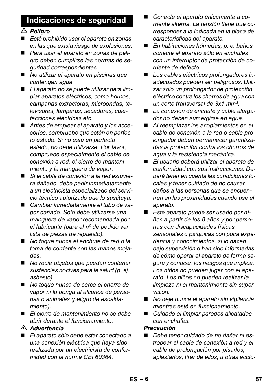 Indicaciones de seguridad | Karcher Stirerie SI 2-600 CB User Manual | Page 57 / 298