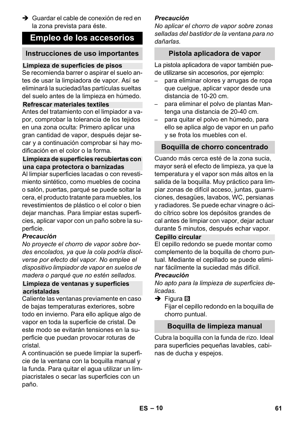 Empleo de los accesorios | Karcher Stirerie SI 2-600 CB User Manual | Page 61 / 298