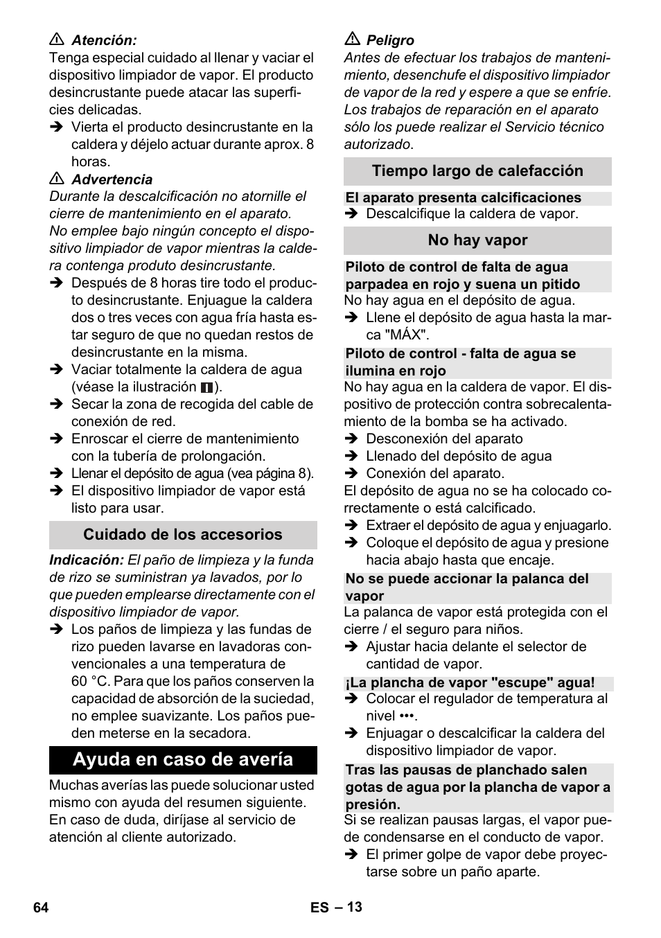 Ayuda en caso de avería | Karcher Stirerie SI 2-600 CB User Manual | Page 64 / 298