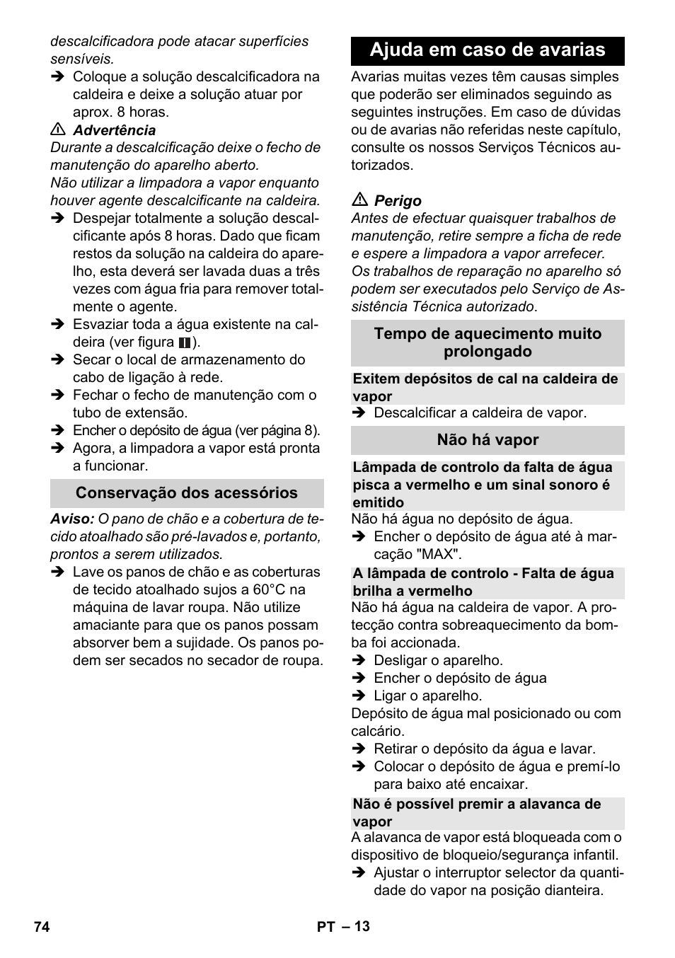 Ajuda em caso de avarias | Karcher Stirerie SI 2-600 CB User Manual | Page 74 / 298