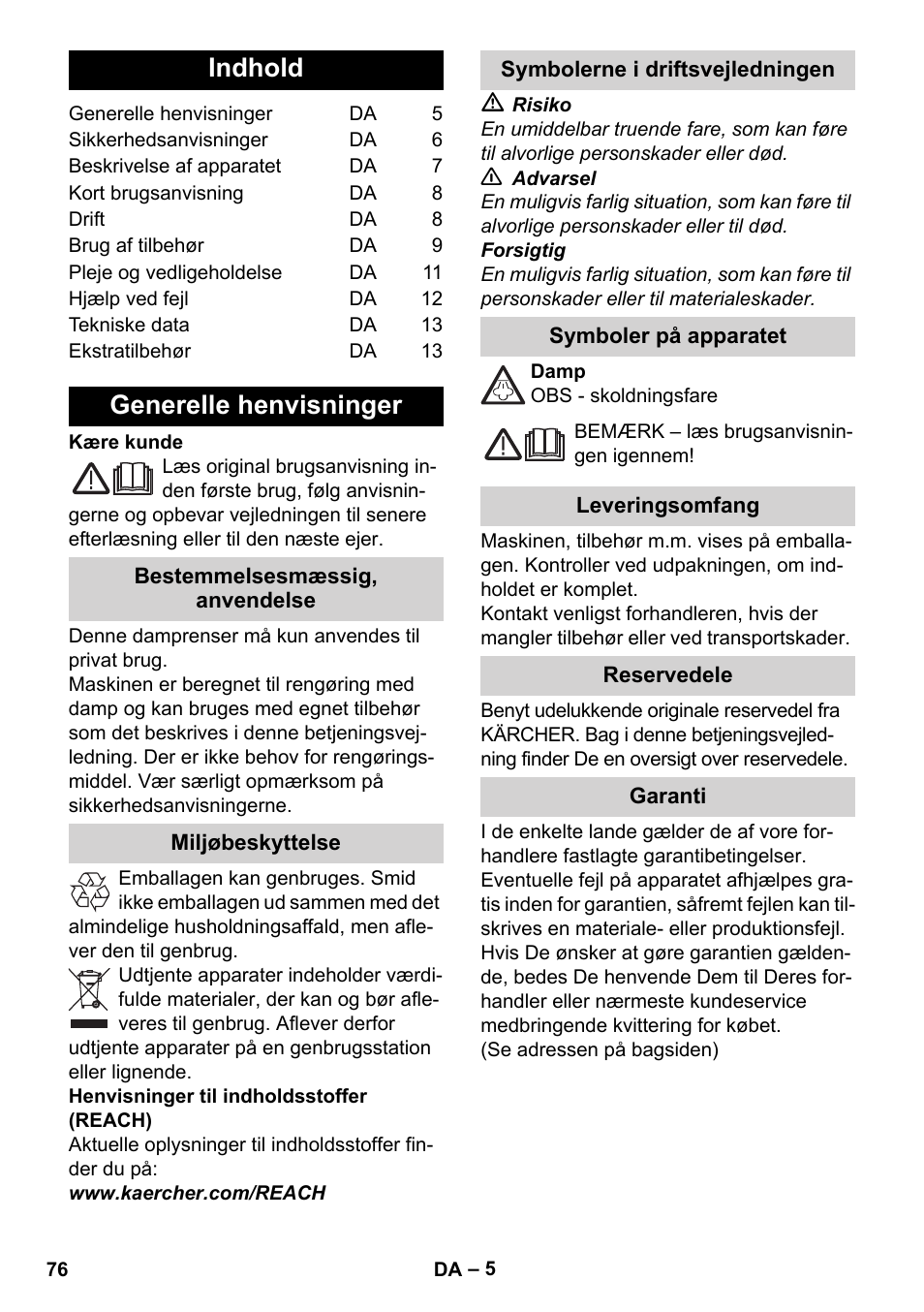 Dansk, Indhold, Generelle henvisninger | Karcher Stirerie SI 2-600 CB User Manual | Page 76 / 298