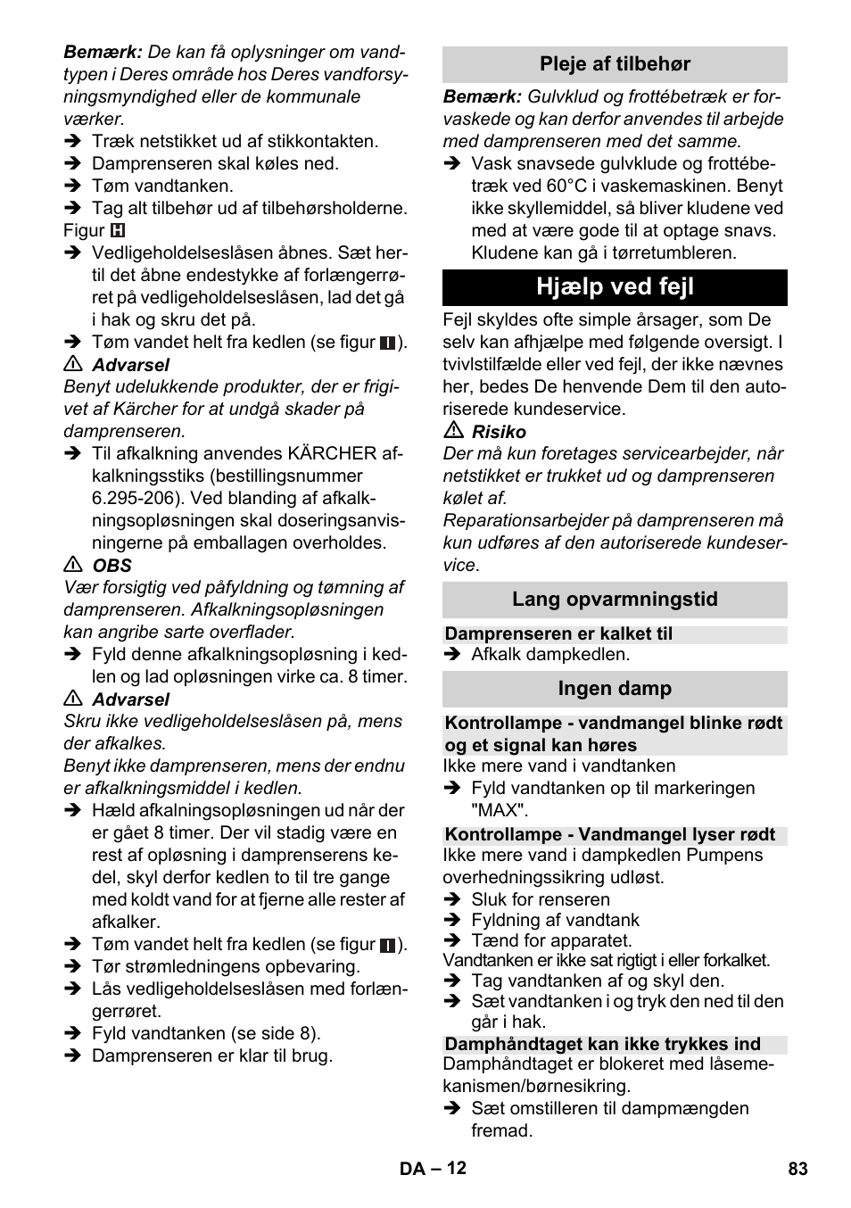 Hjælp ved fejl | Karcher Stirerie SI 2-600 CB User Manual | Page 83 / 298