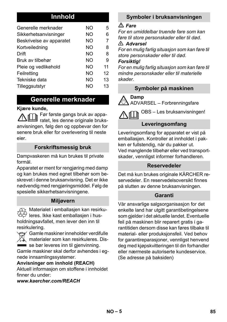 Norsk, Innhold, Generelle merknader | Karcher Stirerie SI 2-600 CB User Manual | Page 85 / 298