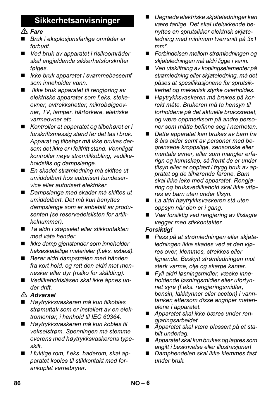 Sikkerhetsanvisninger | Karcher Stirerie SI 2-600 CB User Manual | Page 86 / 298