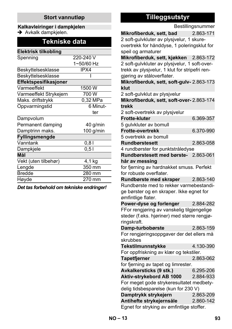 Tekniske data, Tilleggsutstyr | Karcher Stirerie SI 2-600 CB User Manual | Page 93 / 298