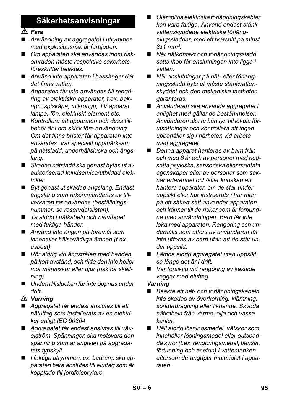 Säkerhetsanvisningar | Karcher Stirerie SI 2-600 CB User Manual | Page 95 / 298