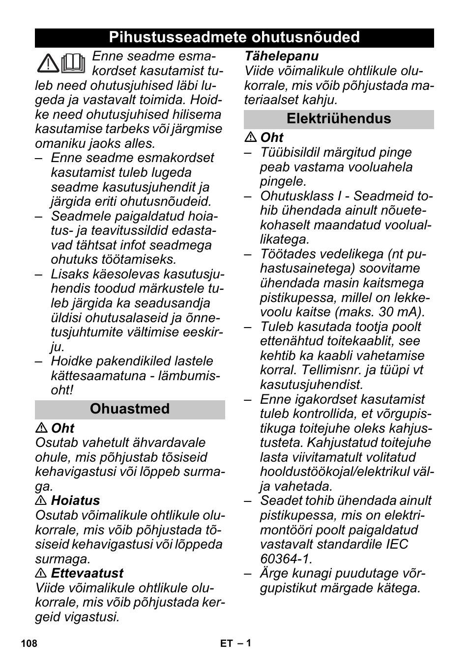 Eesti, Pihustusseadmete ohutusnõuded, Ohuastmed | Elektriühendus | Karcher PUZZI 30-4 User Manual | Page 108 / 128