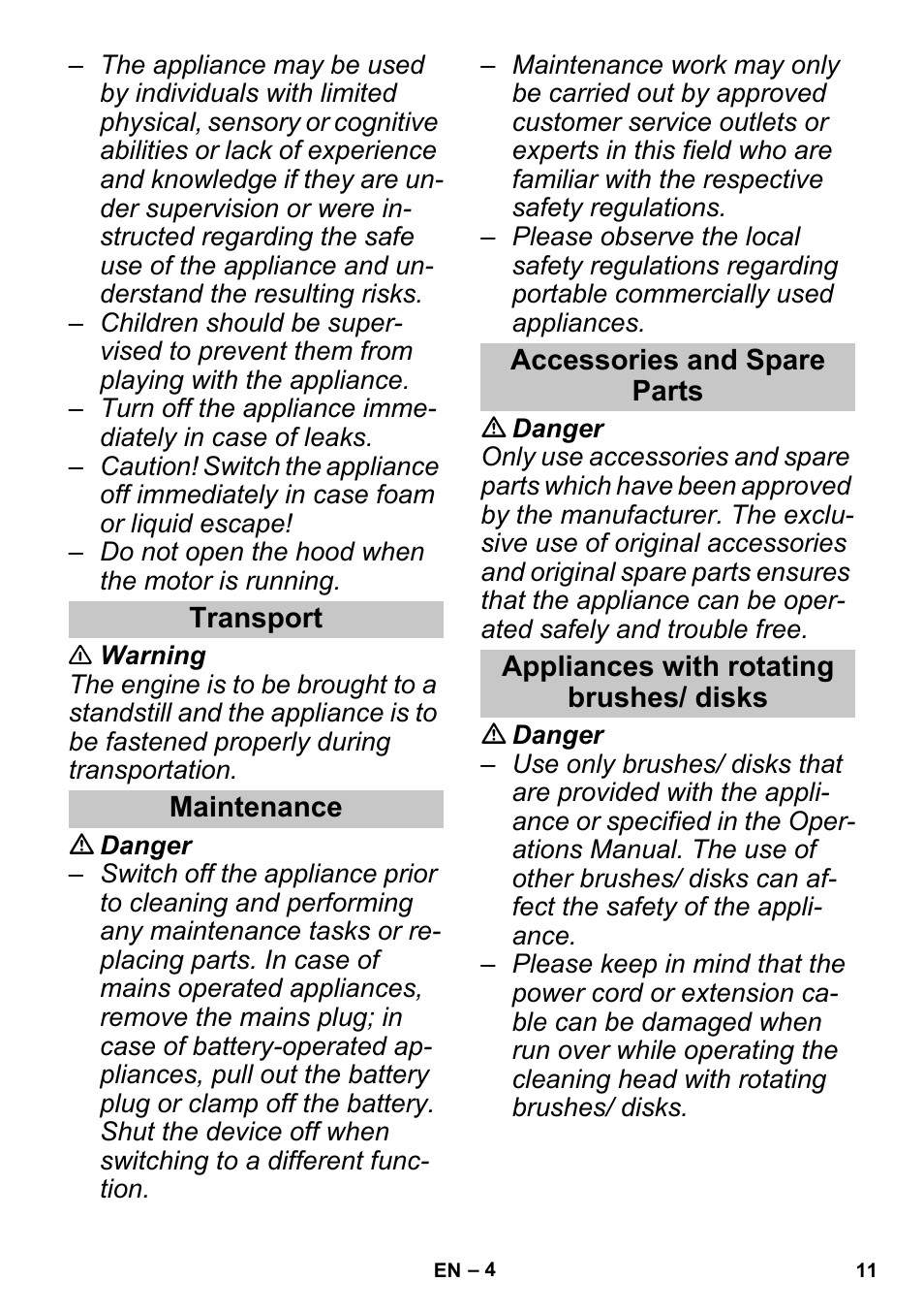 Transport, Maintenance, Accessories and spare parts | Appliances with rotating brushes/ disks | Karcher PUZZI 30-4 User Manual | Page 11 / 128