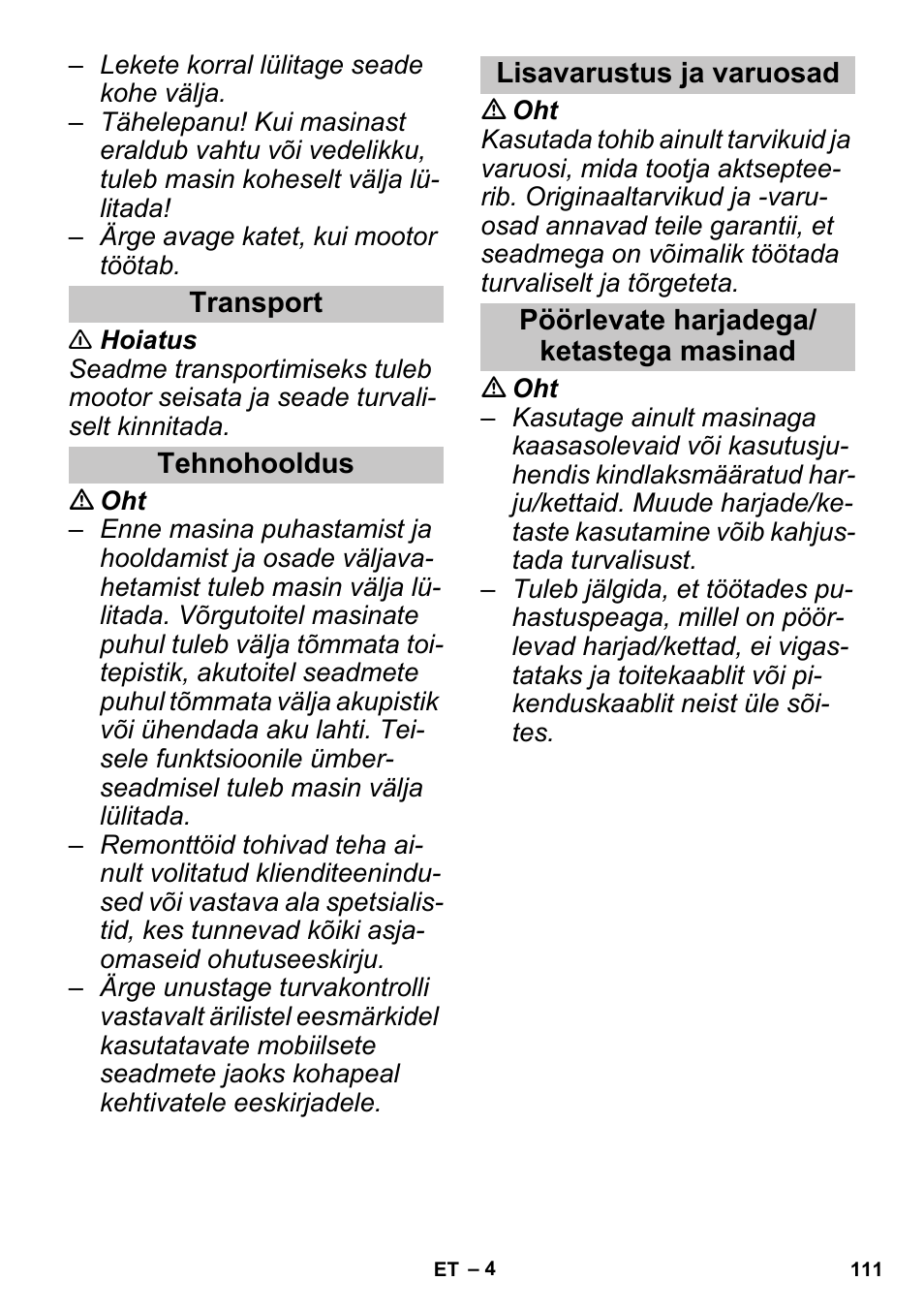 Transport, Tehnohooldus, Lisavarustus ja varuosad | Pöörlevate harjadega/ ketastega masinad | Karcher PUZZI 30-4 User Manual | Page 111 / 128