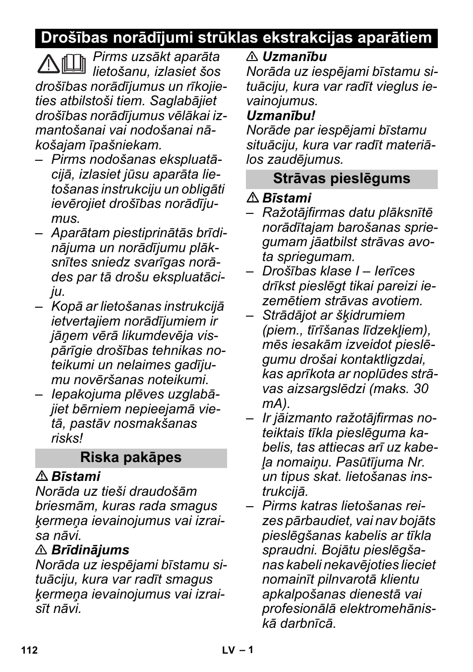 Latviešu, Riska pakāpes, Strāvas pieslēgums | Karcher PUZZI 30-4 User Manual | Page 112 / 128