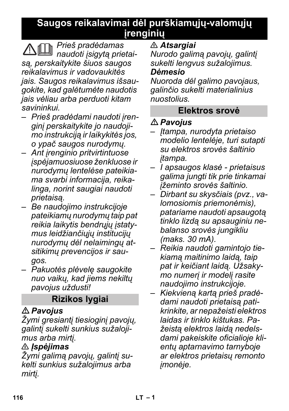 Lietuviškai, Rizikos lygiai, Elektros srovė | Karcher PUZZI 30-4 User Manual | Page 116 / 128
