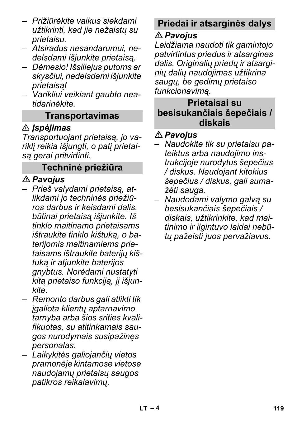 Transportavimas, Techninė priežiūra, Priedai ir atsarginės dalys | Prietaisai su besisukančiais šepečiais / diskais | Karcher PUZZI 30-4 User Manual | Page 119 / 128