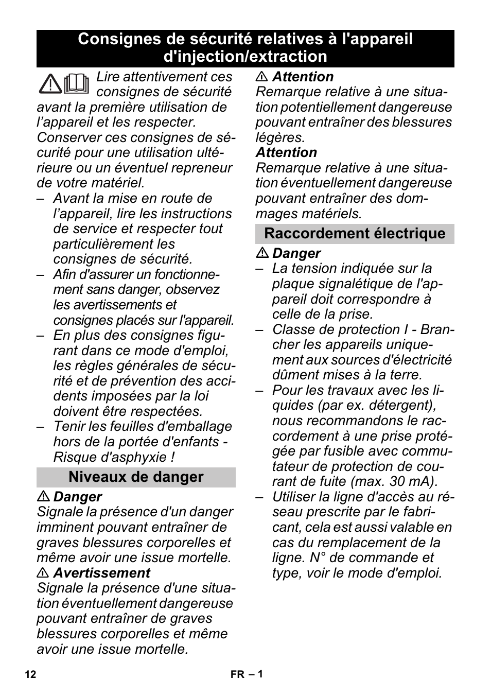 Français, Niveaux de danger, Raccordement électrique | Karcher PUZZI 30-4 User Manual | Page 12 / 128