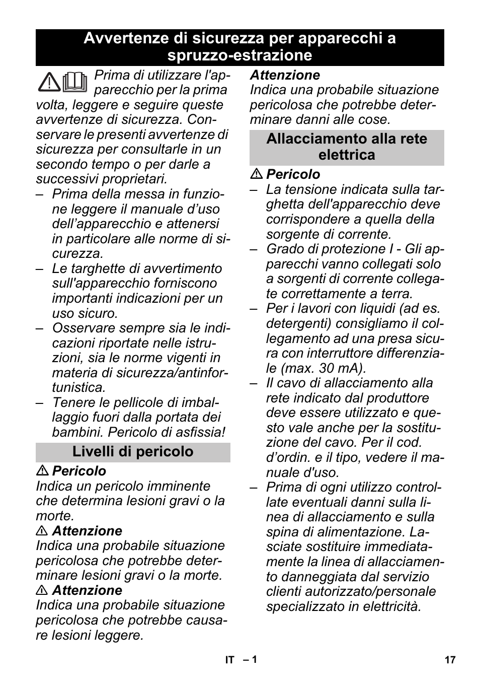 Italiano, Livelli di pericolo, Allacciamento alla rete elettrica | Karcher PUZZI 30-4 User Manual | Page 17 / 128