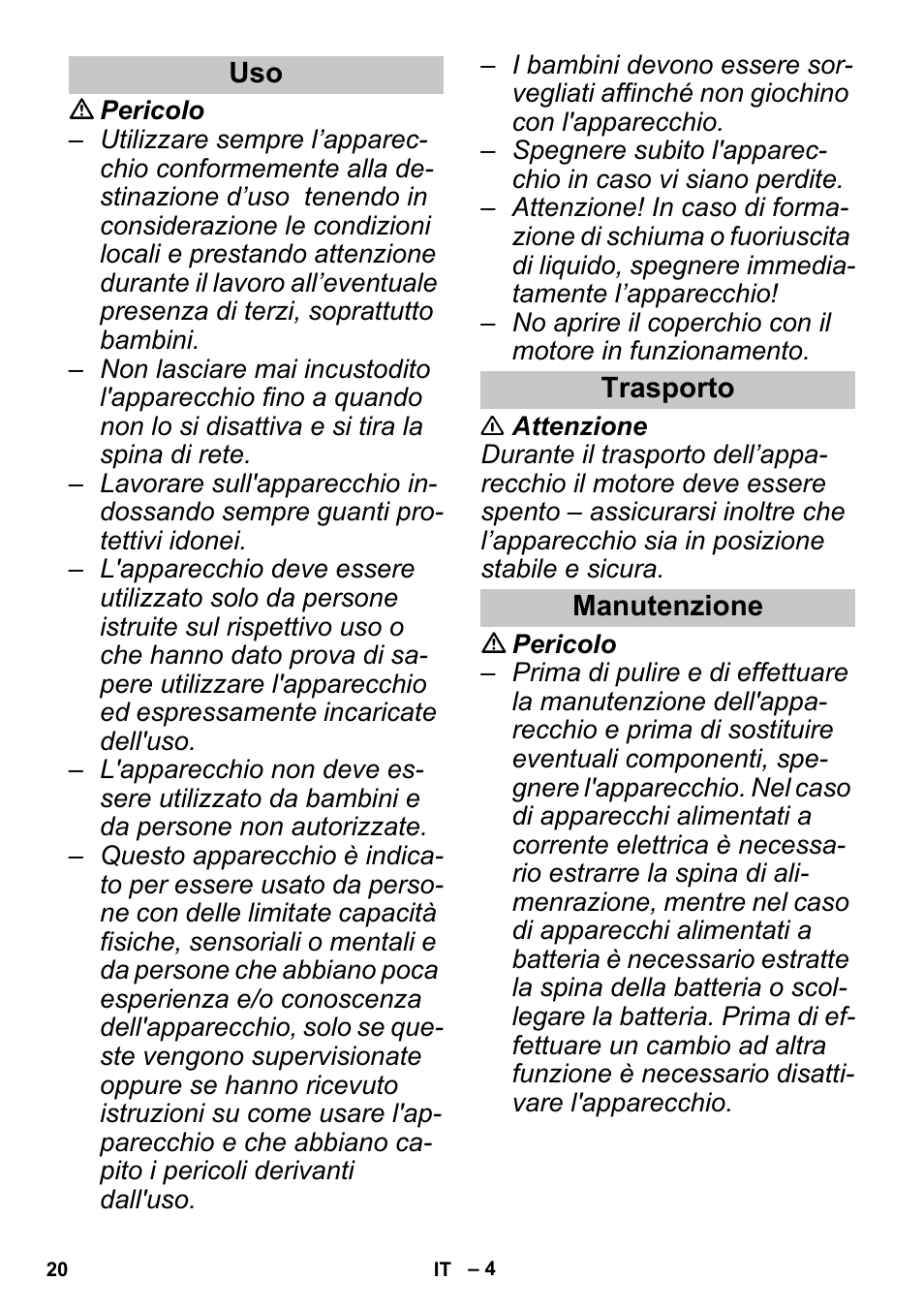 Trasporto, Manutenzione | Karcher PUZZI 30-4 User Manual | Page 20 / 128