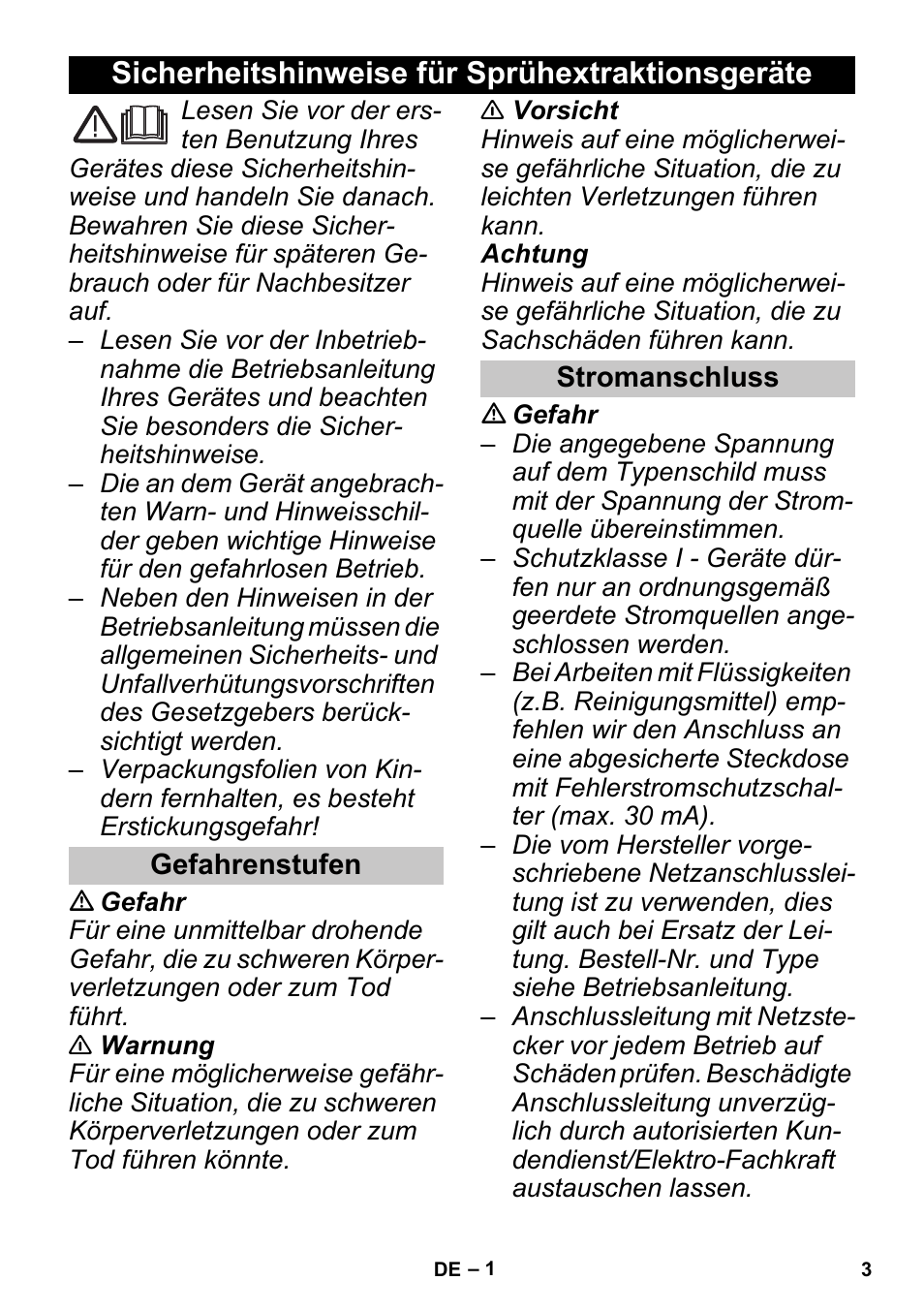Deutsch, Sicherheitshinweise für sprühextraktionsgeräte, Gefahrenstufen | Stromanschluss | Karcher PUZZI 30-4 User Manual | Page 3 / 128