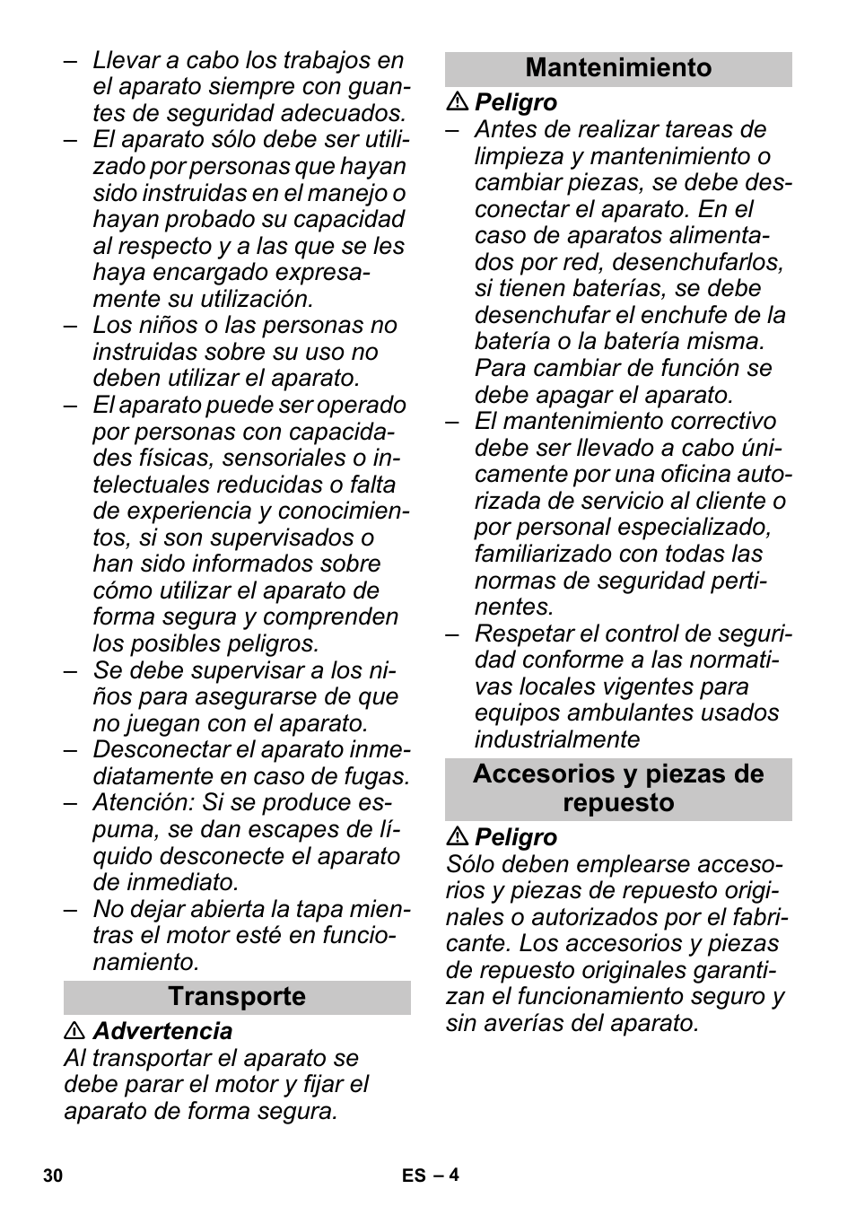 Transporte, Mantenimiento, Accesorios y piezas de repuesto | Karcher PUZZI 30-4 User Manual | Page 30 / 128