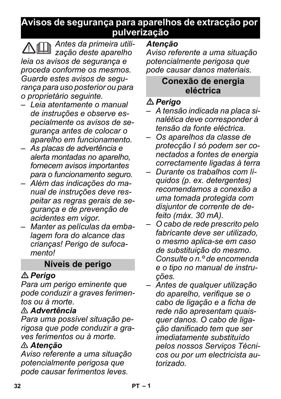 Português, Níveis de perigo, Conexão de energia eléctrica | Karcher PUZZI 30-4 User Manual | Page 32 / 128