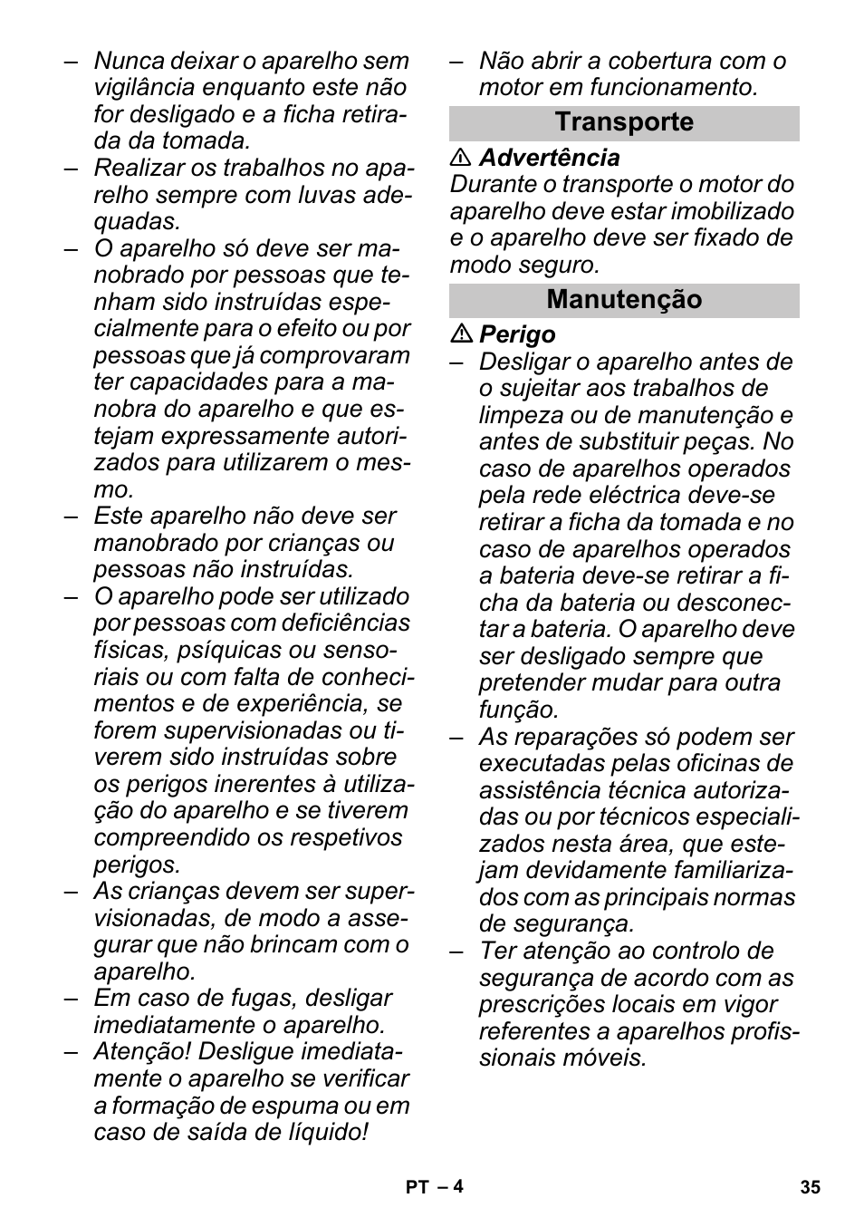 Transporte, Manutenção | Karcher PUZZI 30-4 User Manual | Page 35 / 128