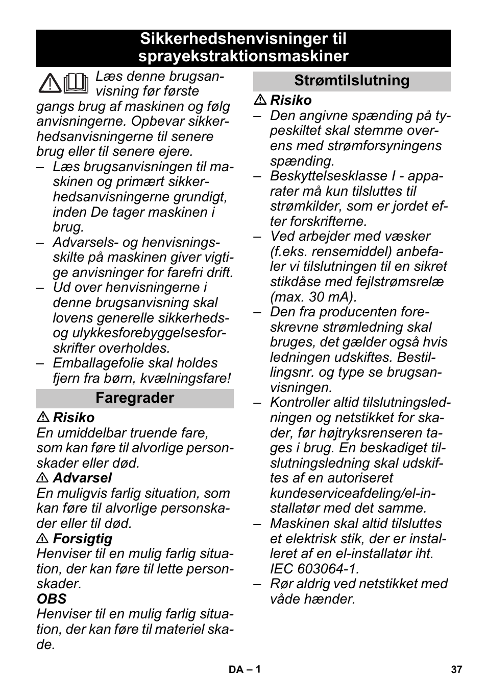 Dansk, Faregrader, Strømtilslutning | Karcher PUZZI 30-4 User Manual | Page 37 / 128