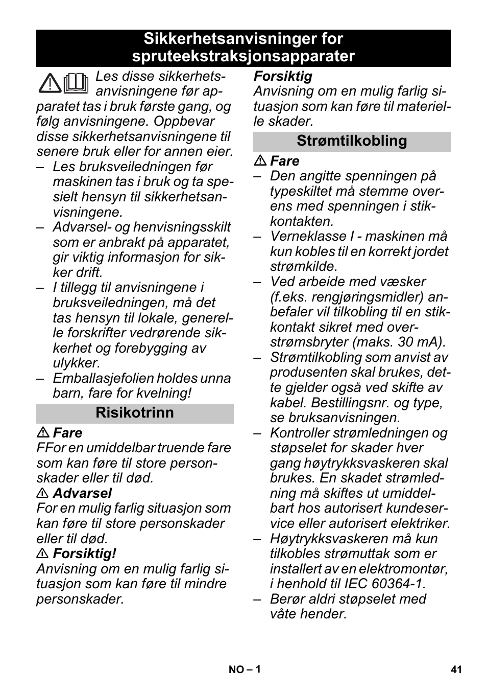 Norsk, Risikotrinn, Strømtilkobling | Karcher PUZZI 30-4 User Manual | Page 41 / 128