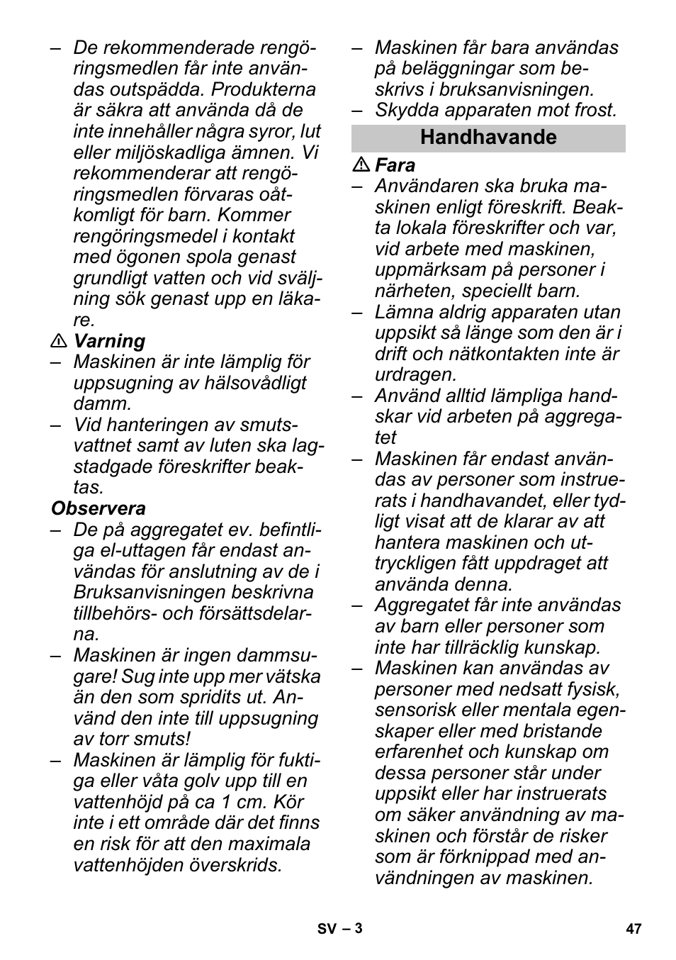 Handhavande | Karcher PUZZI 30-4 User Manual | Page 47 / 128