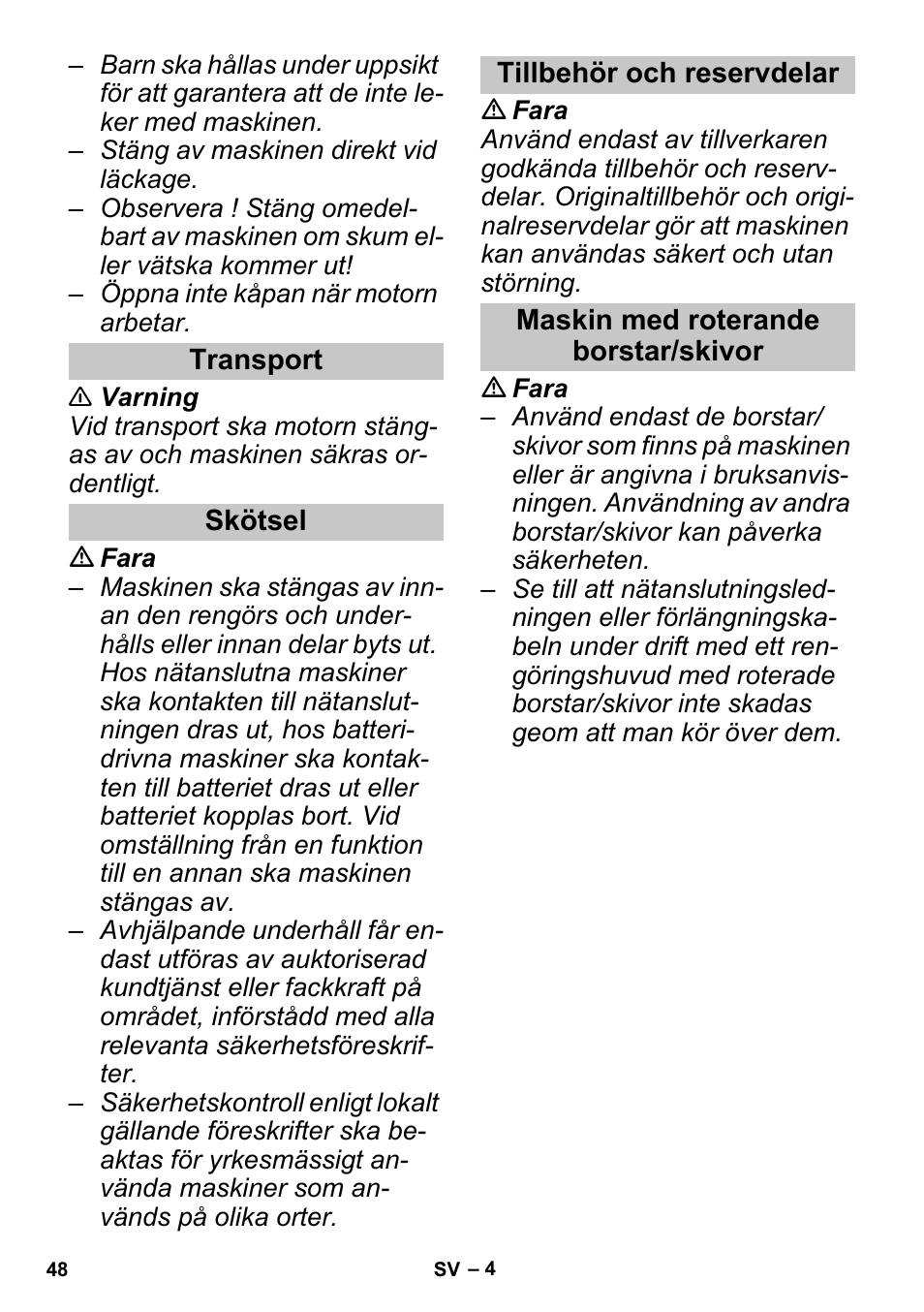 Transport, Skötsel, Tillbehör och reservdelar | Maskin med roterande borstar/skivor | Karcher PUZZI 30-4 User Manual | Page 48 / 128