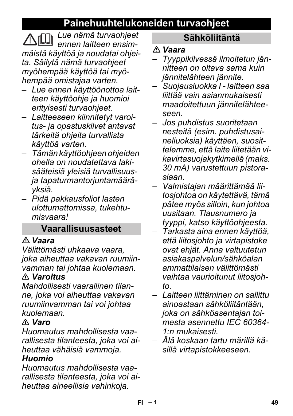 Suomi, Painehuuhtelukoneiden turvaohjeet, Vaarallisuusasteet | Sähköliitäntä | Karcher PUZZI 30-4 User Manual | Page 49 / 128