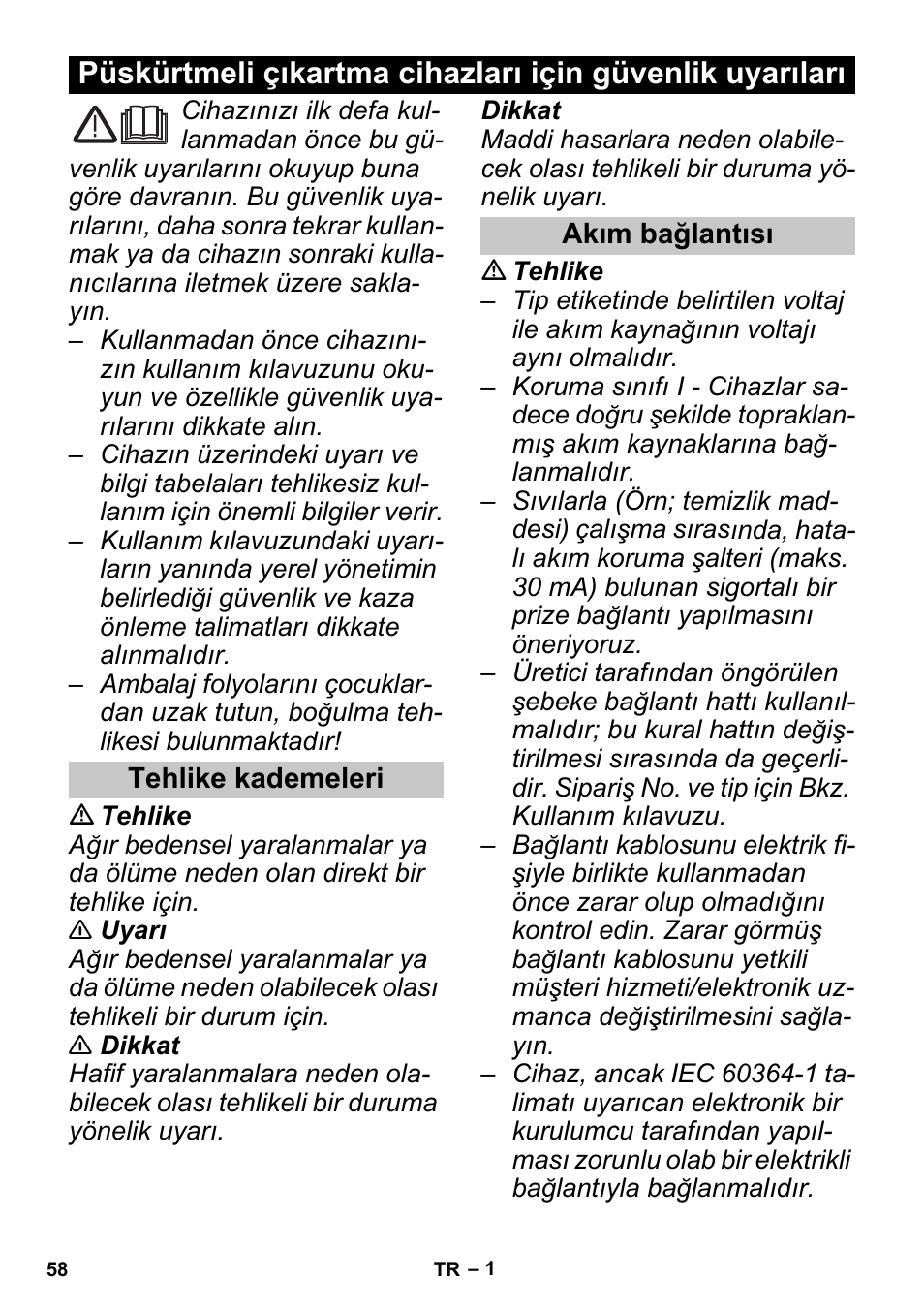 Türkçe, Tehlike kademeleri, Akım bağlantısı | Karcher PUZZI 30-4 User Manual | Page 58 / 128