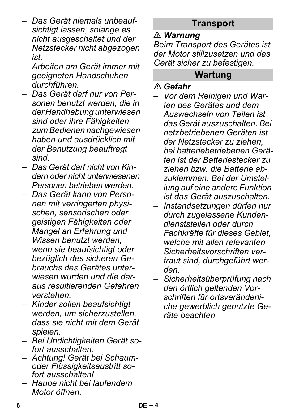 Transport, Wartung | Karcher PUZZI 30-4 User Manual | Page 6 / 128