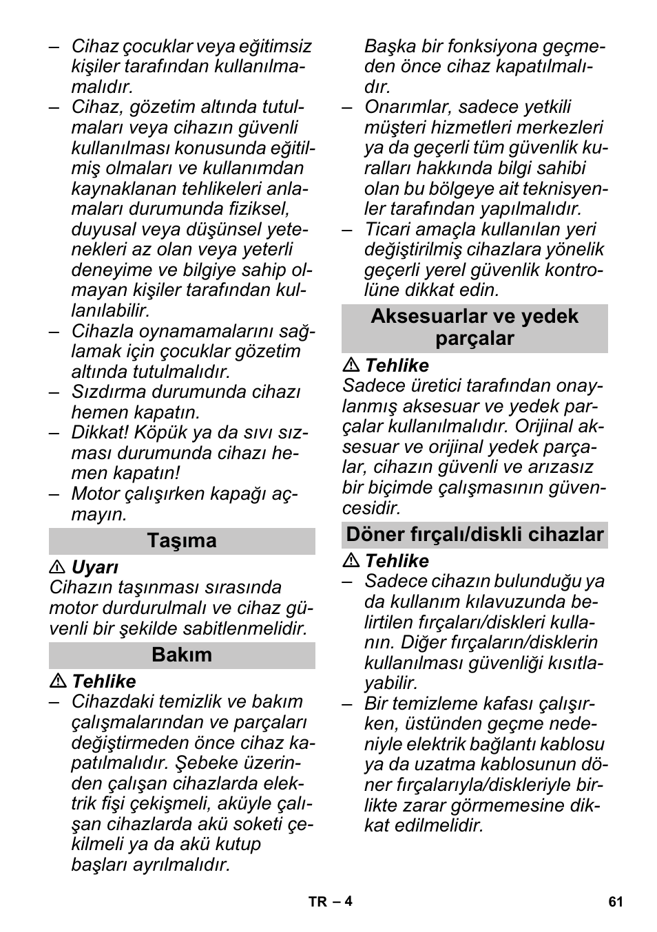 Taşıma, Bakım, Aksesuarlar ve yedek parçalar | Döner fırçalı/diskli cihazlar | Karcher PUZZI 30-4 User Manual | Page 61 / 128