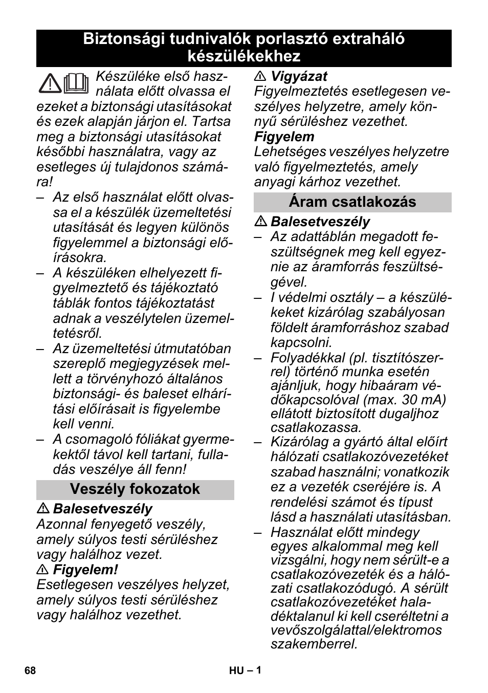 Magyar, Veszély fokozatok, Áram csatlakozás | Karcher PUZZI 30-4 User Manual | Page 68 / 128