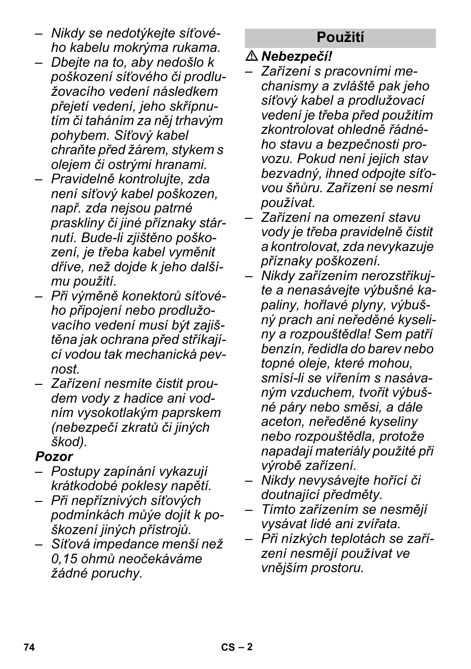 Použití | Karcher PUZZI 30-4 User Manual | Page 74 / 128