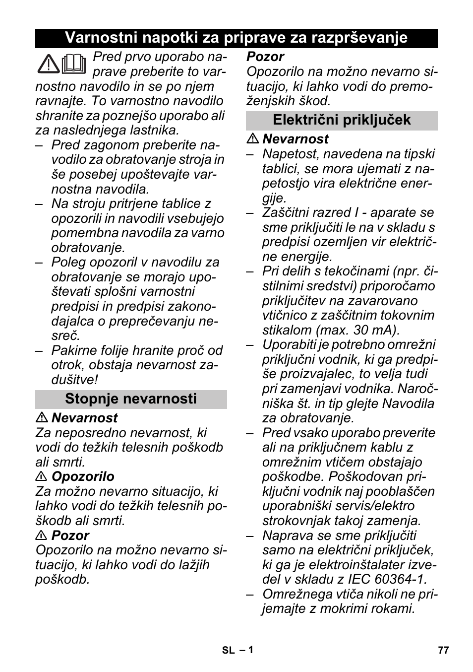 Slovenščina, Varnostni napotki za priprave za razprševanje, Stopnje nevarnosti | Električni priključek | Karcher PUZZI 30-4 User Manual | Page 77 / 128