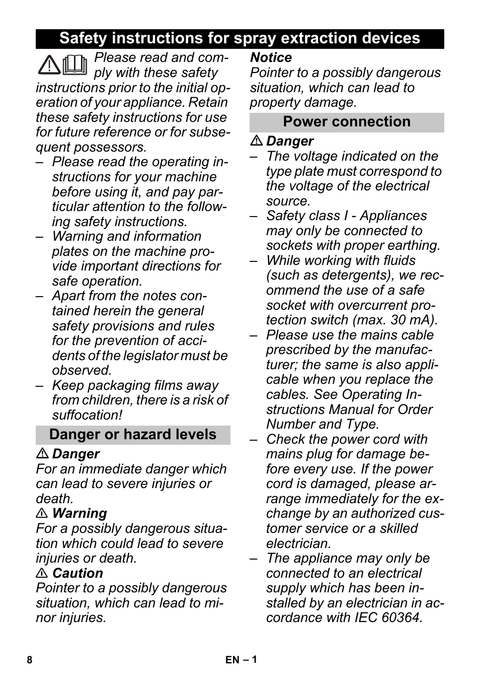 English, Safety instructions for spray extraction devices, Danger or hazard levels | Power connection | Karcher PUZZI 30-4 User Manual | Page 8 / 128