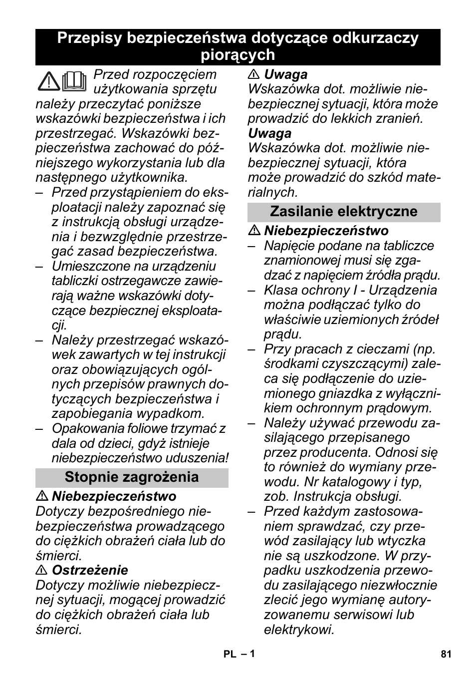 Polski, Stopnie zagrożenia, Zasilanie elektryczne | Karcher PUZZI 30-4 User Manual | Page 81 / 128