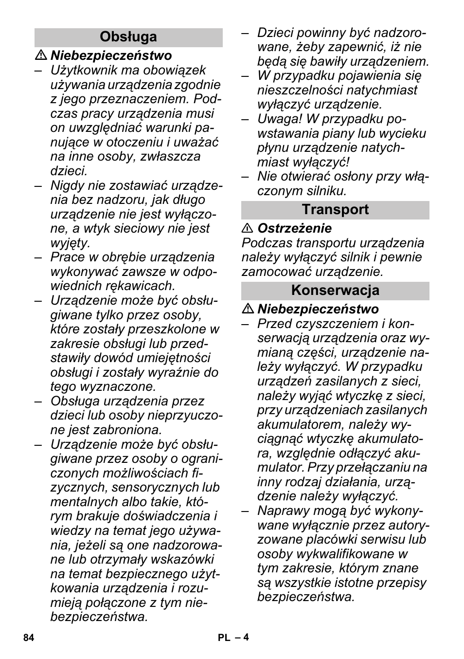 Obsługa, Transport, Konserwacja | Karcher PUZZI 30-4 User Manual | Page 84 / 128