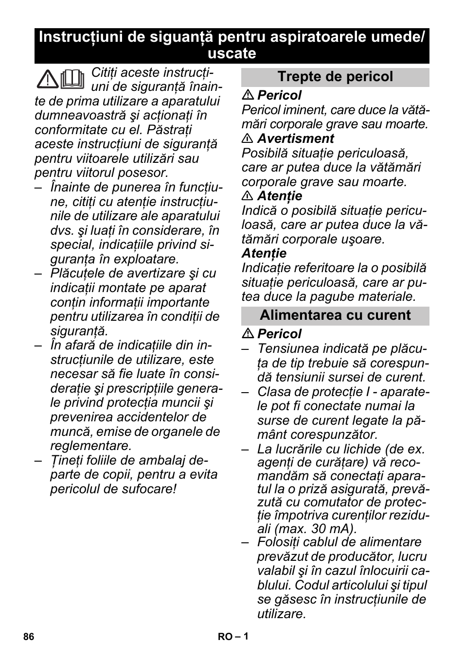 Româneşte, Trepte de pericol, Alimentarea cu curent | Karcher PUZZI 30-4 User Manual | Page 86 / 128