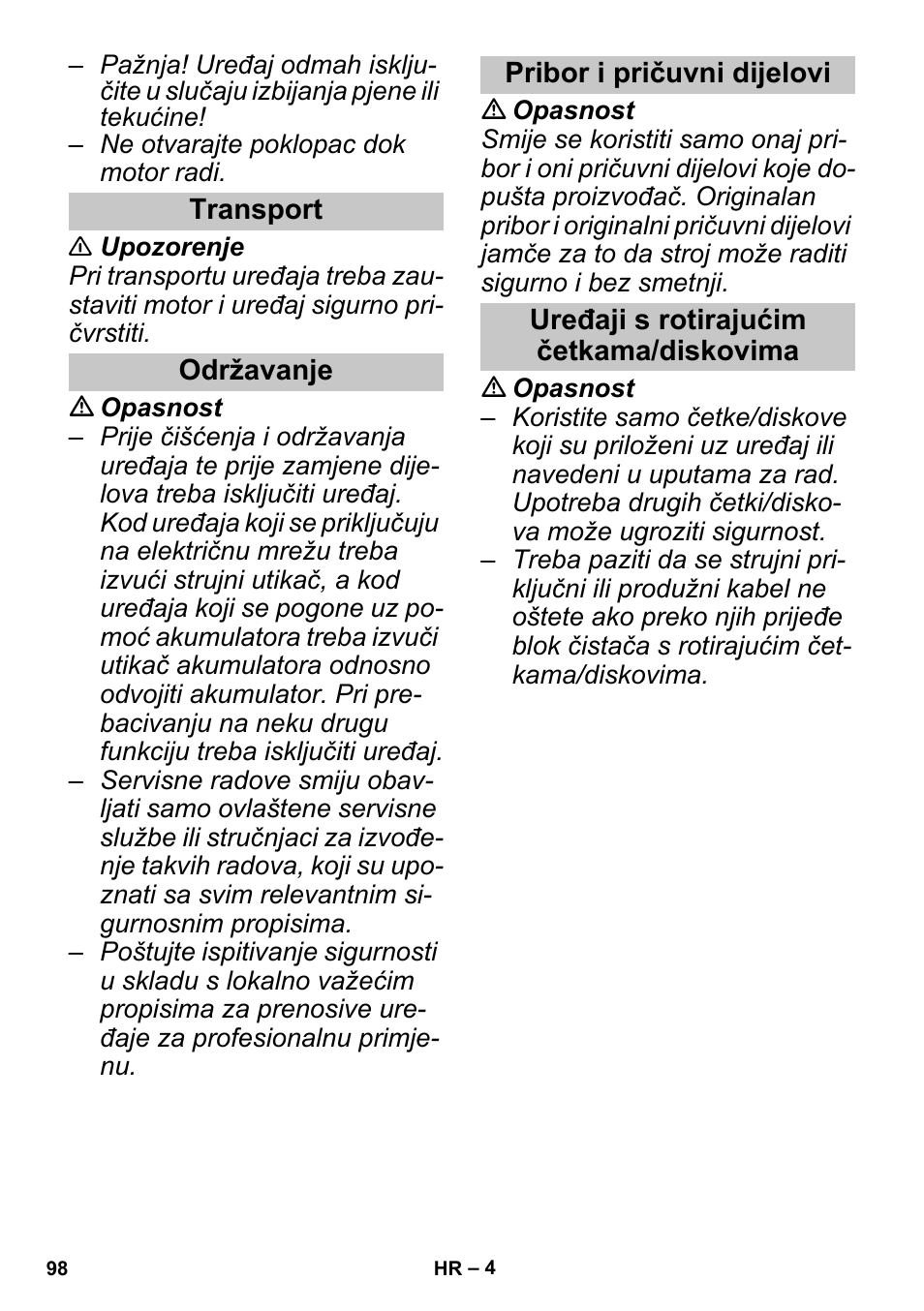 Transport, Održavanje, Pribor i pričuvni dijelovi | Uređaji s rotirajućim četkama/diskovima | Karcher PUZZI 30-4 User Manual | Page 98 / 128