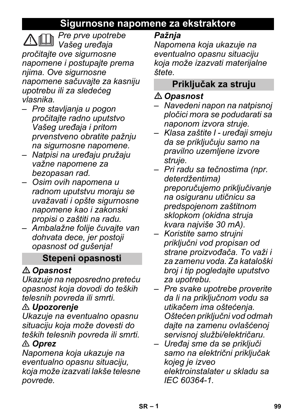 Srpski, Sigurnosne napomene za ekstraktore, Stepeni opasnosti | Priključak za struju | Karcher PUZZI 30-4 User Manual | Page 99 / 128