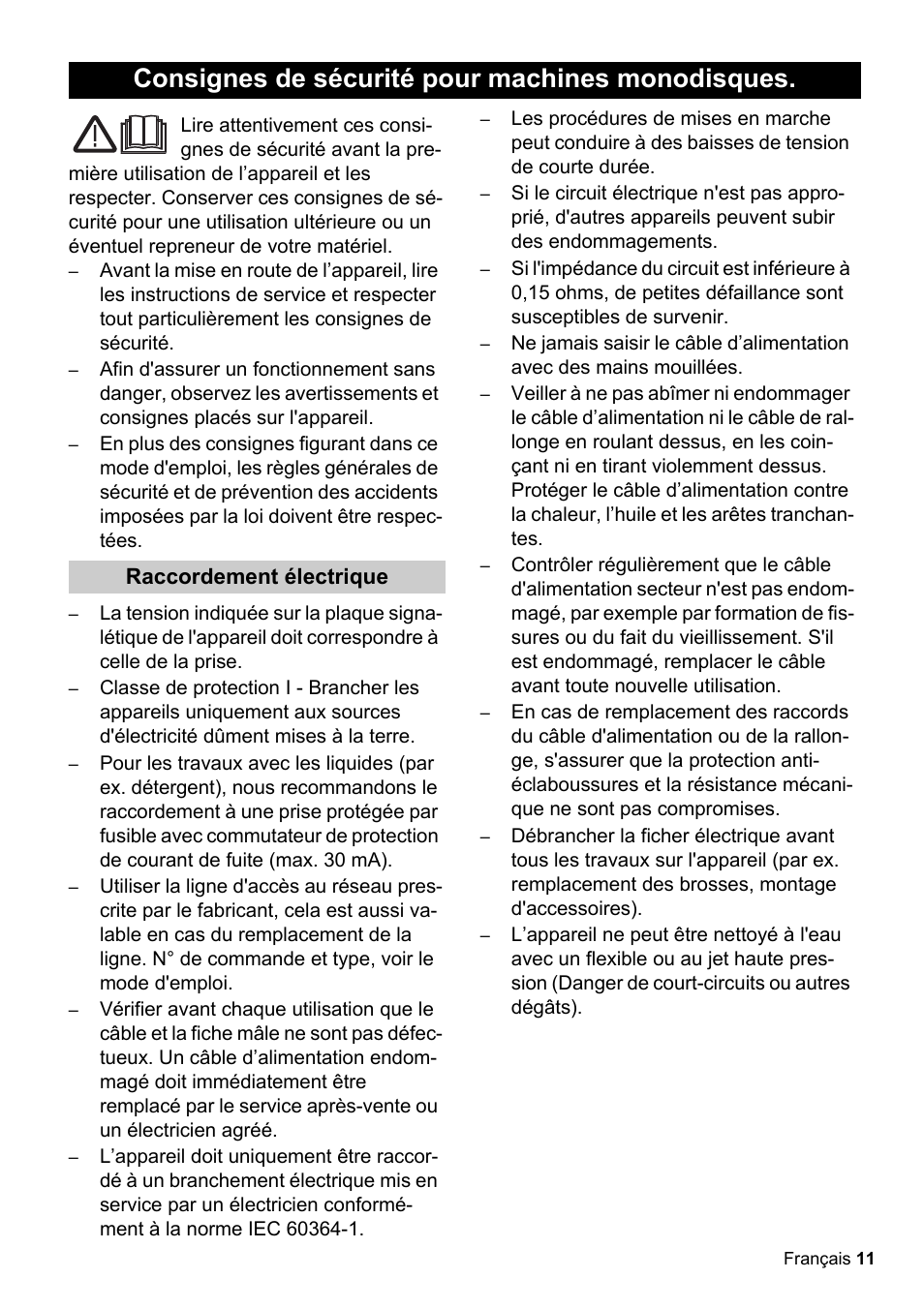 Consignes de sécurité pour machines monodisques | Karcher BDS 51-180 C Adv User Manual | Page 11 / 116