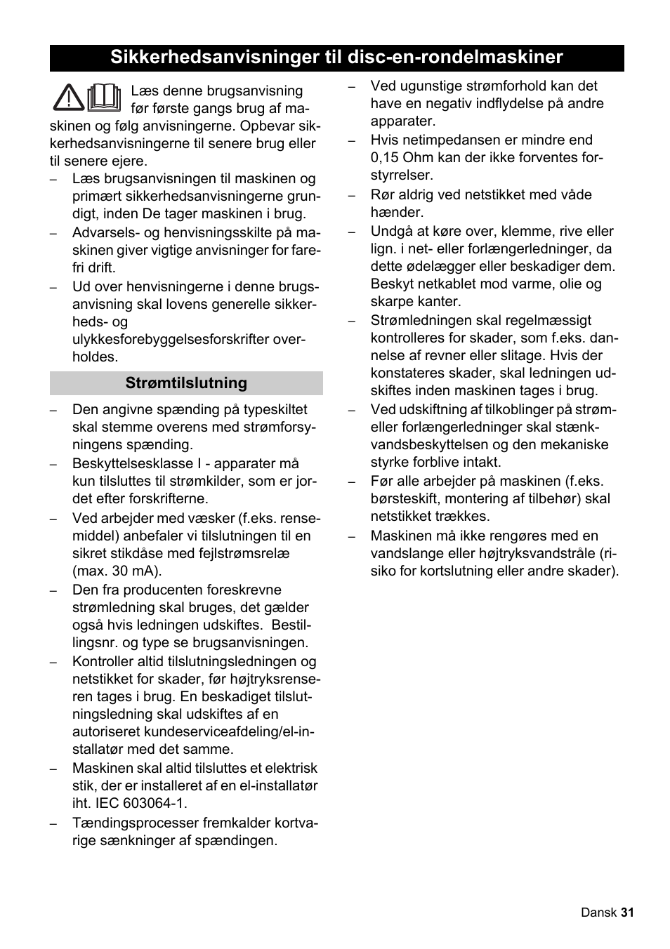 Sikkerhedsanvisninger til disc-en-rondelmaskiner | Karcher BDS 51-180 C Adv User Manual | Page 31 / 116