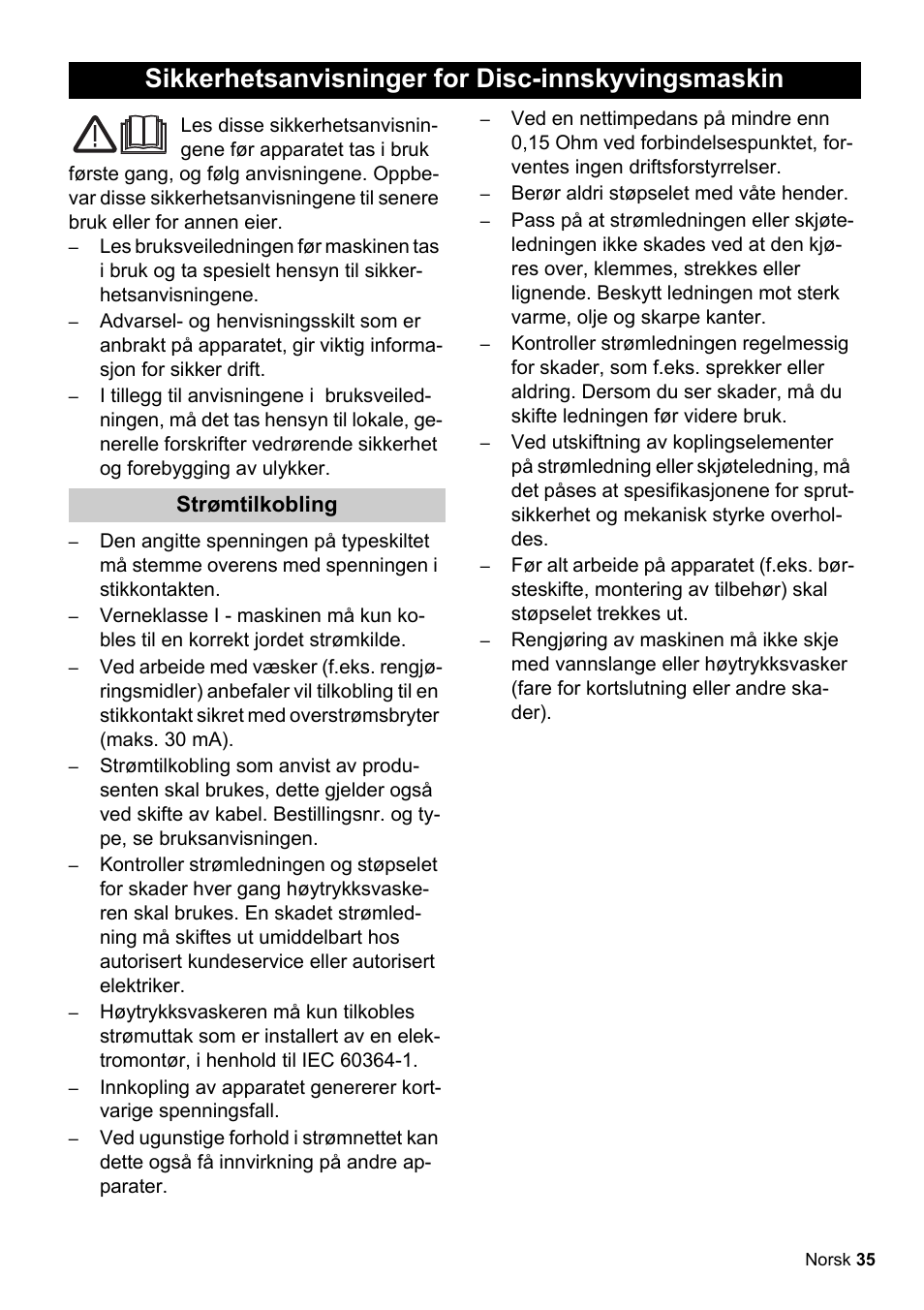 Sikkerhetsanvisninger for disc-innskyvingsmaskin | Karcher BDS 51-180 C Adv User Manual | Page 35 / 116