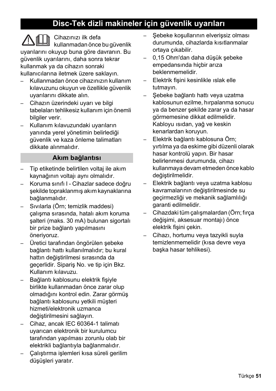 Disc-tek dizli makineler için güvenlik uyarıları | Karcher BDS 51-180 C Adv User Manual | Page 51 / 116