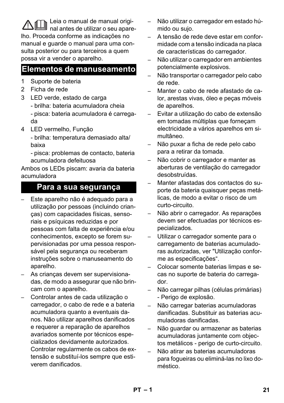 Português, Elementos de manuseamento para a sua segurança | Karcher KM 35-5 C User Manual | Page 21 / 84