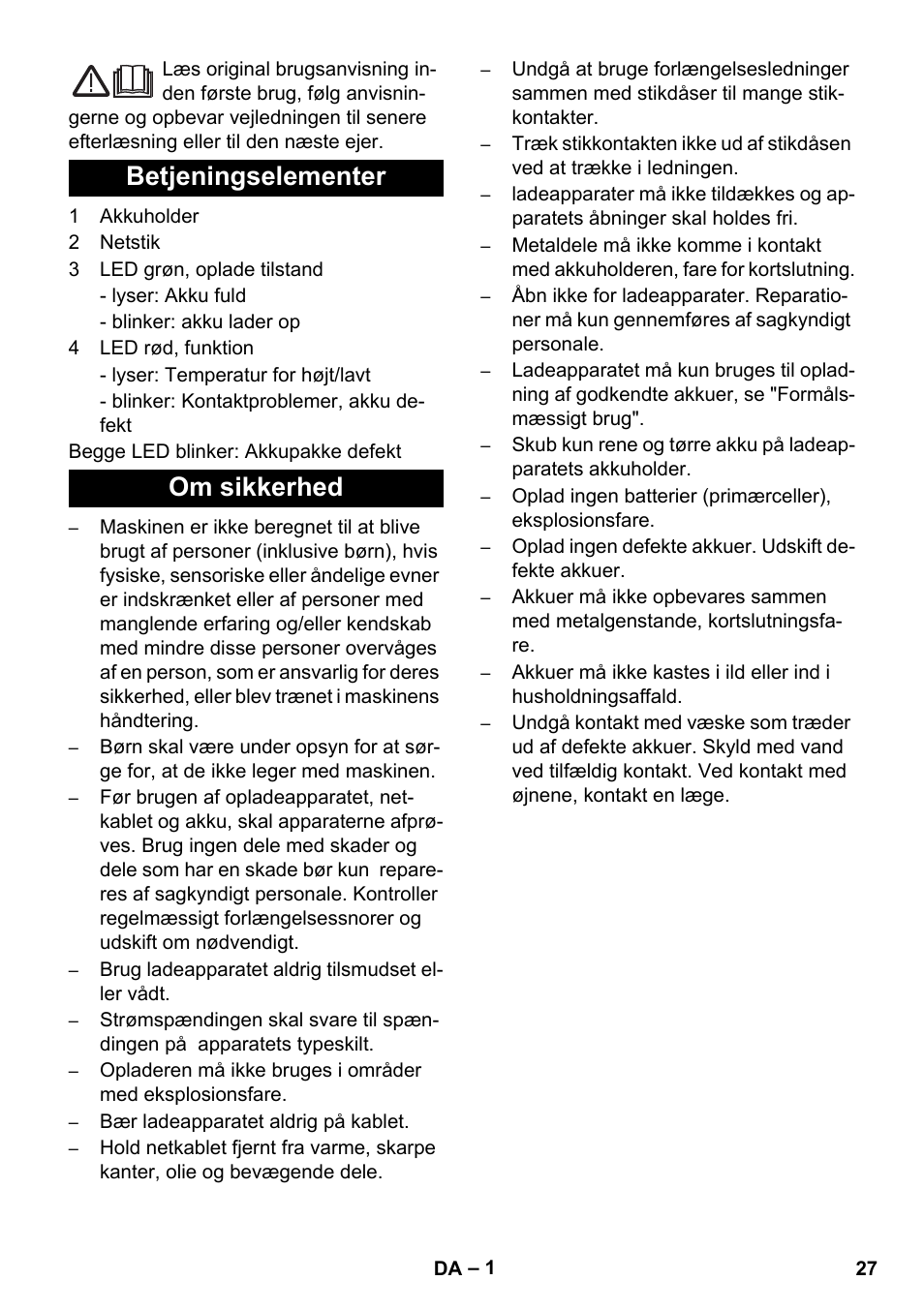 Dansk, Betjeningselementer om sikkerhed | Karcher KM 35-5 C User Manual | Page 27 / 84