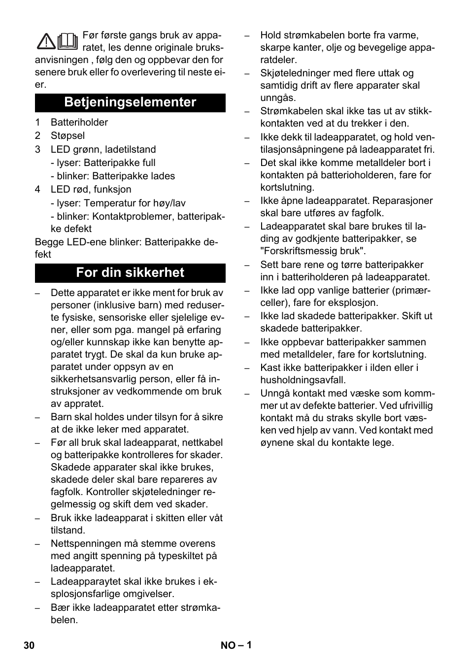 Norsk, Betjeningselementer for din sikkerhet | Karcher KM 35-5 C User Manual | Page 30 / 84