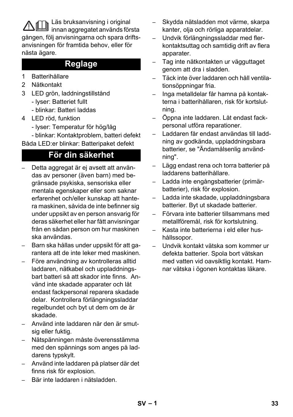 Svenska, Reglage för din säkerhet | Karcher KM 35-5 C User Manual | Page 33 / 84